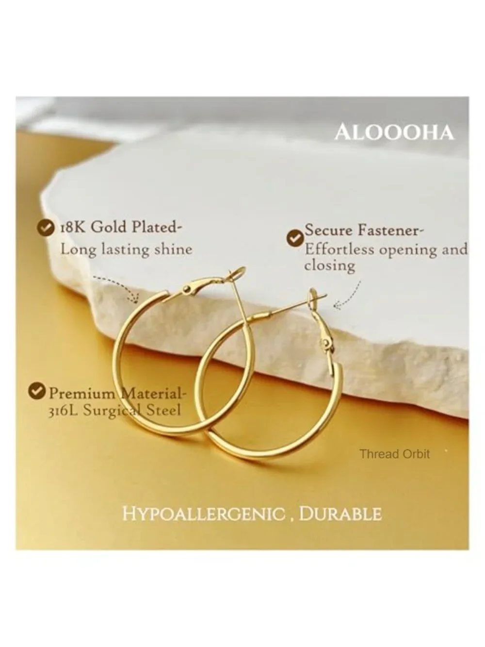 18K Gold Plated Hoop Earrings, Hypoallergenic Surgical Steel, Secure Clasp